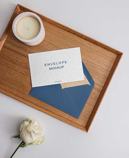 Free Envelope and Card on a Wooden Tray Mockup