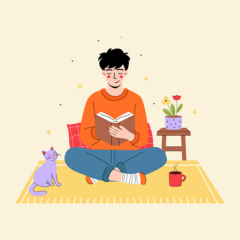 Free Young Man Reading With His Cat Illustration